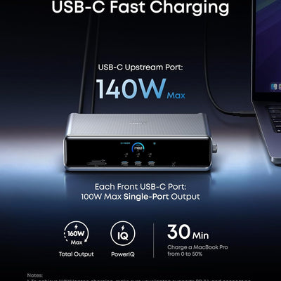 USB-C charging hub with laptop on a dark background, highlighting USB-C fast charging capabilities.