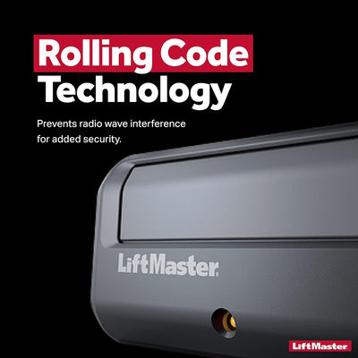 LiftMaster garage door opener with 'Rolling Code Technology' text on a black background